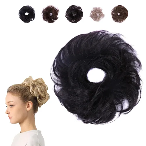 Juvabun Pieza de pelo pequeño y desordenado color negro – Coletero sintético ondulado y rizado para mujer, mini extensión de moño para cabello fino