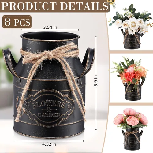 Miniatura 2 de Roshtia Jarrón de metal para leche de 6 pulgadas, 8 unidades, jarrón de leche galvanizado vintage a granel, cubo de flores rústicas, estilo francés
