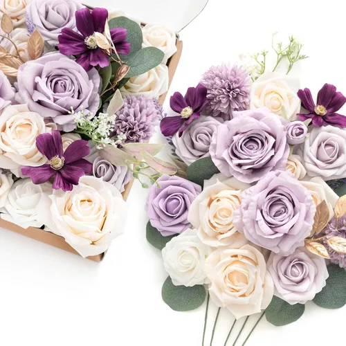 Miniatura 26 de Ling's moment Caja de Flores Falsas, Tallos de Vegetación Artificial Falsa Rosas de Espuma Dalias de Seda Hojas de Rosa Flor de Tela para Centros