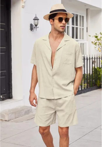 Miniatura 2 de COOFANDY Camisas de lino para hombre, manga corta, con botones, para playa, hawaiana, juego de 2 piezas