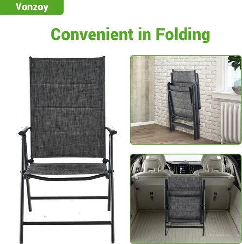 Miniatura 8 de Juego de 2 sillas plegables para patio, sillas de patio al aire libre con asiento acolchado de algodón de textileno suave y respaldo ajustable de 7