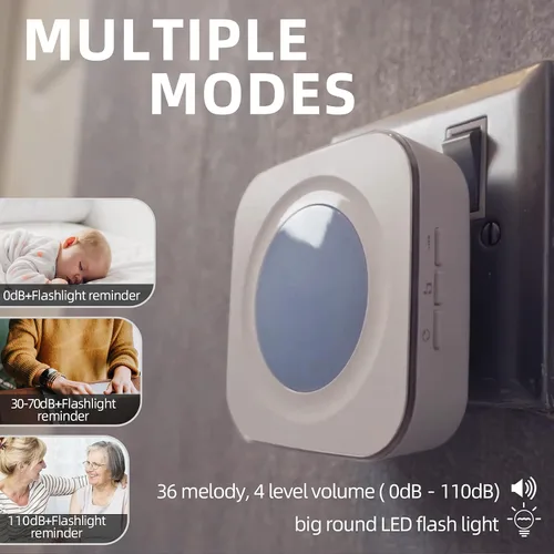 Miniatura 8 de Timbre inalámbrico de 1200 pies impermeable para el hogar con 36 melodías, 4 niveles de volumen, luz LED flash (1 receptor y 1 botón táctil blanco)