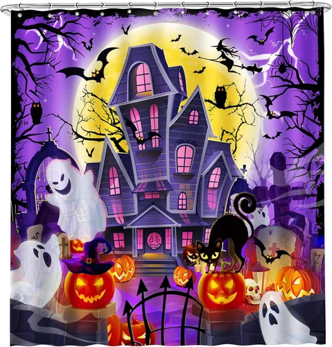 Cortina de ducha de Halloween, cortina de baño impermeable de castillo, 71 x 71 pulgadas, decoración de baño de calabazas espeluznantes y fantasmas,