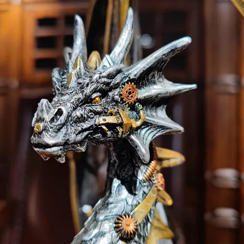 Miniatura 5 de Estatua de dragón steampunk gótica retro equipo mecánico sentado dragón de aspecto metálico, escultura de resina para el hogar, decoración de cuevas