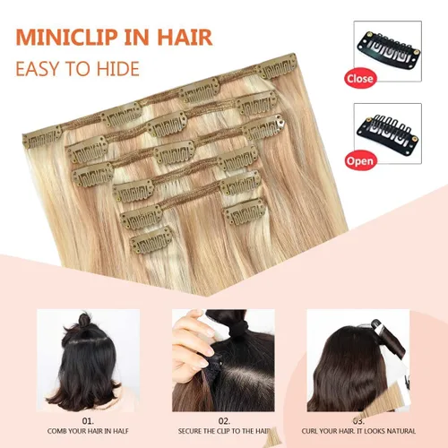 Miniatura 5 de UGOTRAYS Extensiones de cabello humano real de color rubio fresa a rubio decolorado, 12 pulgadas, lacio, doble trama, cabello Remy con clip, 2.47