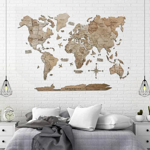 Miniatura 5 de Arte de pared de madera 3D hecho a mano con mapa del mundo en relieve, decoración de pared grande, rastrea tus viajes por el mundo - Especial