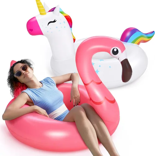 Miniatura 8 de SLOOSH Paquete de 2 flotadores inflables de flamenco de unicornio para piscina, decoraciones de fiesta de natación, divertidos flotadores, tubos