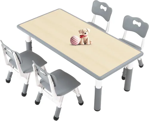 Miniatura 11 de FUNLIO Juego de mesa y 4 sillas para niños, juego de mesa y sillas ajustables en altura para niños de 3 a 8 años, mesa fácil de limpiar para Azul