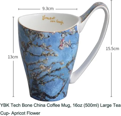 Miniatura 4 de Taza de café de porcelana de hueso YBK Tech, taza grande de 16oz de té - Diseño inspirado en las pinturas de Van Gogh (flor de albaricoque)
