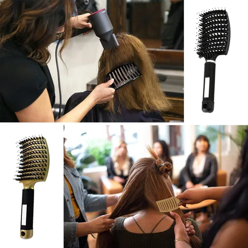 Miniatura 5 de 2 cepillos curvos ventilados para el cabello, cerdas de jabalí, cepillo desenredante de pala, cepillo profesional desenredante para Dorado+Negro