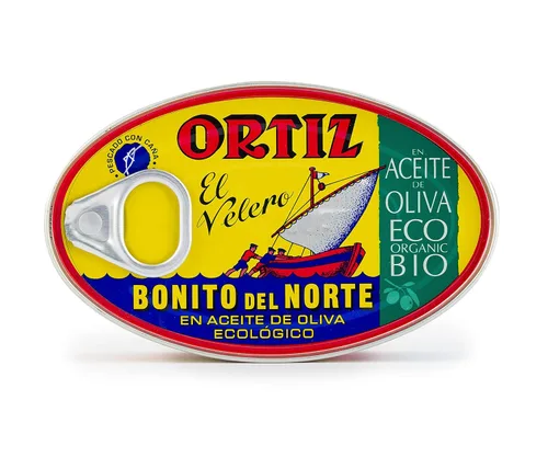 Ortiz Atún blanco en aceite de oliva virgen extra orgánico, fresco y tierno, capturado silvestre español, alto en proteínas y grasas Omega 3,