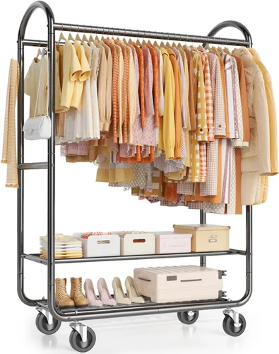 EAGMAK Percheros de ropa resistentes para colgar ropa, 720 libras, perchero con ruedas con cerradura, organizador de armario de metal para Negro