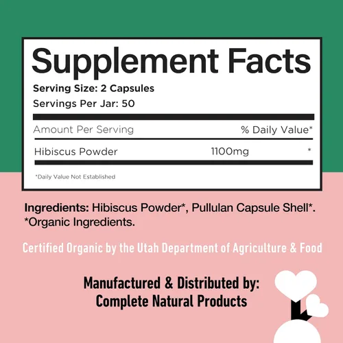 Miniatura 6 de Complete Natural Products Cápsulas de hibisco orgánico, 550 mg, 100 unidades, a base de plantas, polvo de flores orgánicas para apoyo antioxidante