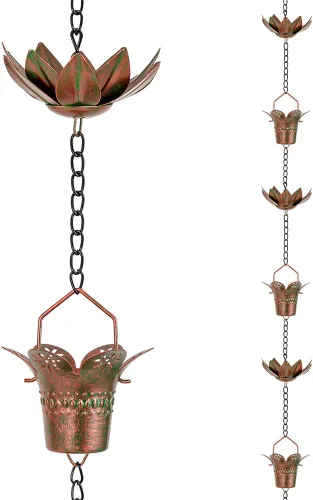 Miniatura 13 de Cadena de lluvia de 10.2 pies para exterior, cadena de lluvia de loto con 16 copas, cadena de captura de lluvia ajustable para exteriores, bajante
