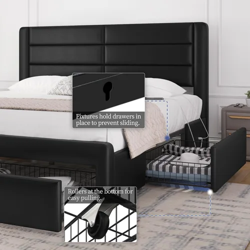 Miniatura 5 de Yaheetech Marco de cama tamaño completo con 2 estaciones de carga USB/puerto para tipo A y tipo C/3 cajones de almacenamiento, cama plataforma