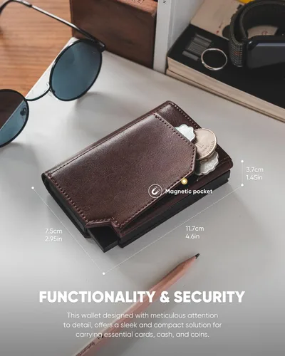Miniatura 6 de VULKIT Tarjetero de crédito con bolsillo para monedas, cierre magnético, cartera para tarjetas emergente, bloqueo RFID, funda de piel minimalista
