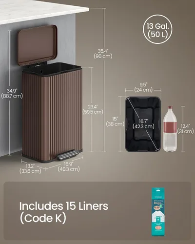 Miniatura 7 de SONGMICS Bote de basura de 13 galones (50 L) para cocina, con tapa, pedal y cubo interior extraíble, cierre suave, acero inoxidable, 15 bolsas