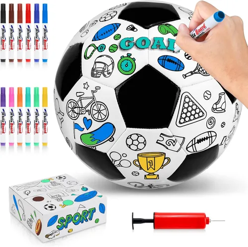Tamaño 4 Colorea tu propia pelota de fútbol negra, kit de manualidades de pelota de fútbol personalizada DIY con bomba, 12 marcadores, entrenamiento