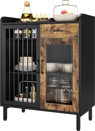 GAOMON Aparador de buffet moderno, armario de almacenamiento de cocina con estantes y puertas de vidrio, gabinete de buffet de metal con cajones,