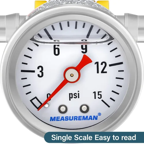 Miniatura 3 de MEASUREMAN - Manómetro, 0 a 15 psi, relleno glicerina, esfera 1.5 pulgadas, caja acero inoxidable 304, montaje central posterior 1/8 NPT, adaptador