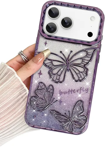 Miniatura 26 de BITOBE Diseñada para iPhone 15 Pro Max, bonita funda de mariposa 3D chapada en purpurina delgada para mujeres y niñas, protección de cámara, Negro