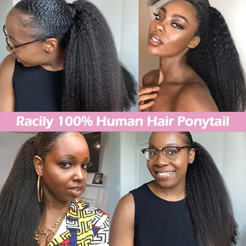 Miniatura 6 de Extensión de Cola de Caballo de Cabello Humano Kinky Recto con Pasta Mágica Envolvente de 30,48 cm, Cabello Natural Negro Brasileño, Extensiones