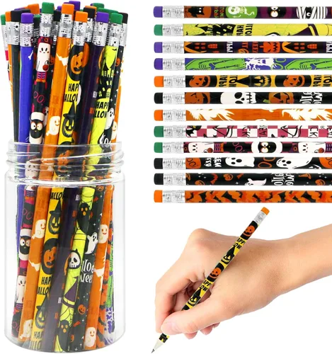 Tuzuaol 80 lápices de Halloween surtidos a granel con borrador, lápices de madera coloridos en diseño de Halloween, recuerdos de fiesta para