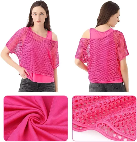 Miniatura 2 de WILDPARTY Camiseta casual sexy de los años 80 para mujer, diseño de red de neón con hombros descubiertos, dos piezas