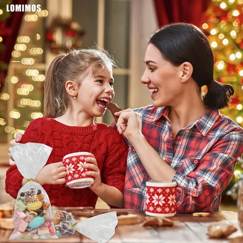 Miniatura 7 de LOMIMOS 120 bolsas de celofán de Navidad, bolsas de plástico transparente para galletas de caramelo con lazos giratorios para vacaciones