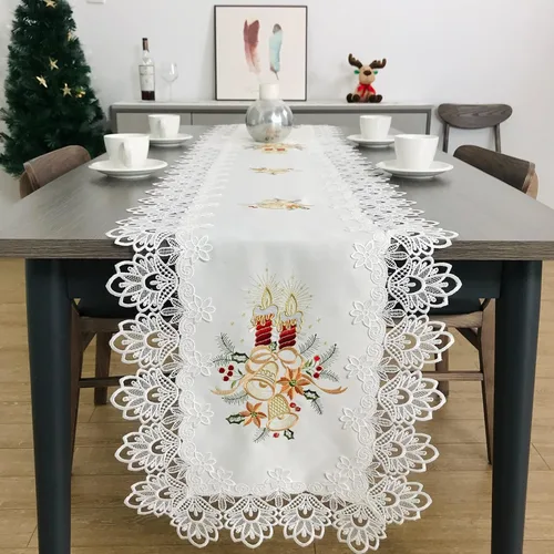 Miniatura 11 de Camino de mesa de Navidad 100% poliéster, bordado de encaje de Navidad, decoraciones de mesa de Navidad de 16 x 52 pulgadas, velas de pascua