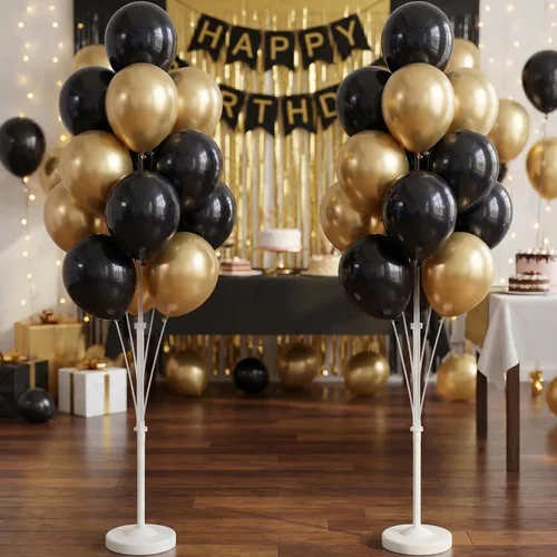 Miniatura 7 de Kit de columna de globos para piso: juego de 2 soportes para globos, con globos cromados metálicos negros y dorados, base y poste, decoración