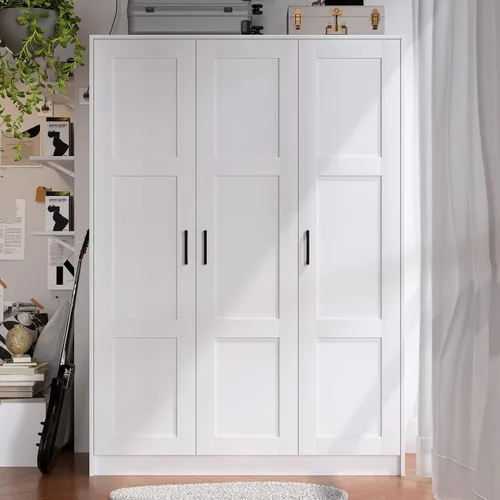 Miniatura 4 de Armario de Guardarropa de 3 Puertas de Madera, Armario de Vestir Blanco de Almacenamiento para Colgar Ropa, Armario Independiente de Gran Capacidad