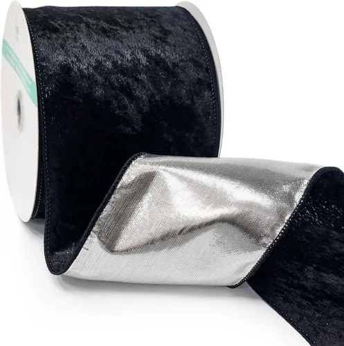 Miniatura 16 de Cinta de terciopelo negro con alambre y respaldo metálico plateado de 2.5 pulgadas x 10 yardas para adorno de la punta del árbol de Navidad