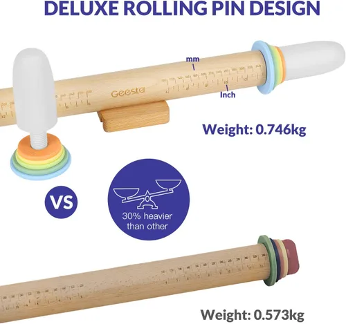 Miniatura 5 de Geesta - Rodillo de madera ajustable con 5 anillos de grosor, mango de rodillo de masa preciso con diseño de prensa y guía de medición para hornear