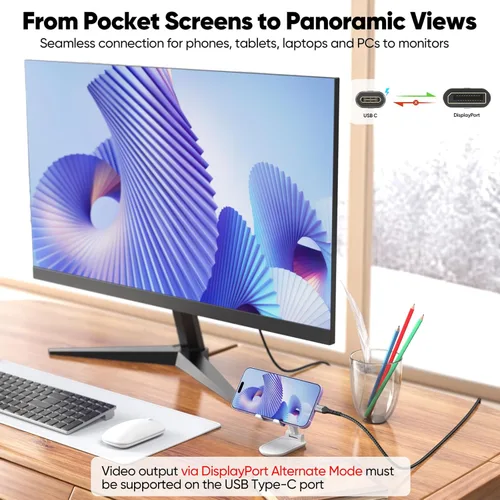 Miniatura 5 de Cable USB C a DisplayPort 1.4 de 6.6 pies, Thunderbolt 3/4/5 a puerto de pantalla DP 8K @60Hz 4K @120Hz 2K a 180Hz 1080P @360Hz Cable unidireccional