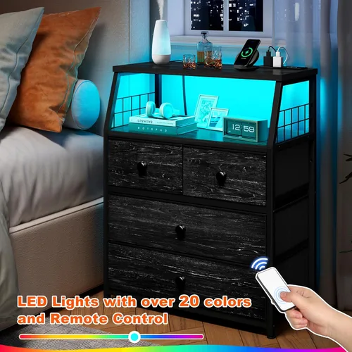 Miniatura 4 de EnHomee Mesita de noche negra de 21.8 pulgadas de ancho con estación de carga y luces LED, mesita de noche con 4 cajones de tela, mesa de noche