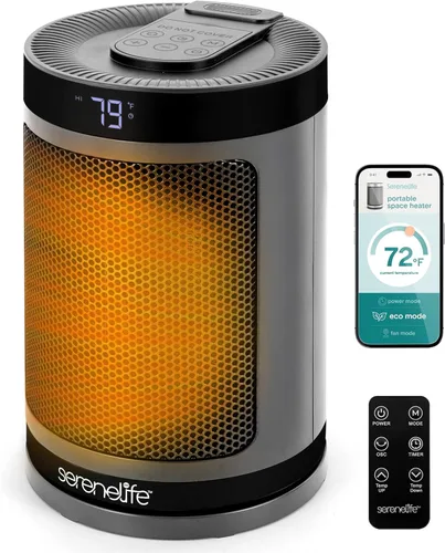 SereneLife Calentador de espacio inteligente: calentador eléctrico para interiores de 1500 W con termostato, control remoto, temporizador de 12 WiFi