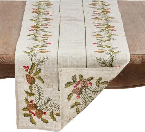 Miniatura 2 de SARO LIFESTYLE 1851.N16120B Joyeuses Fêtes Collection Camino de mesa bordado de piña y acebo, 16 x 120 pulgadas, natural