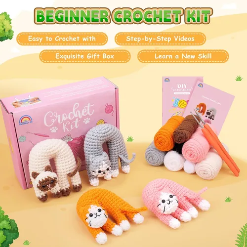 Miniatura 6 de Fortuning's JDS Kit de ganchillo para principiantes, paquete de 4 divertidos kits de ganchillo para gatos, kit de ganchillo para principiantes