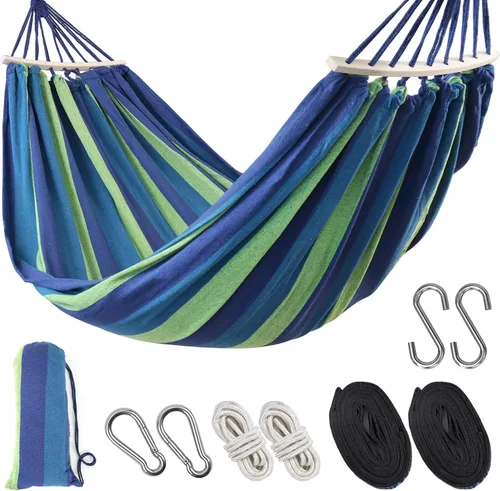 Miniatura 10 de Hamaca doble extragrande de 9.5 pies con bolsa de transporte – Hamaca portátil para 2 personas, cama colgante de camping para patio, patio, porche