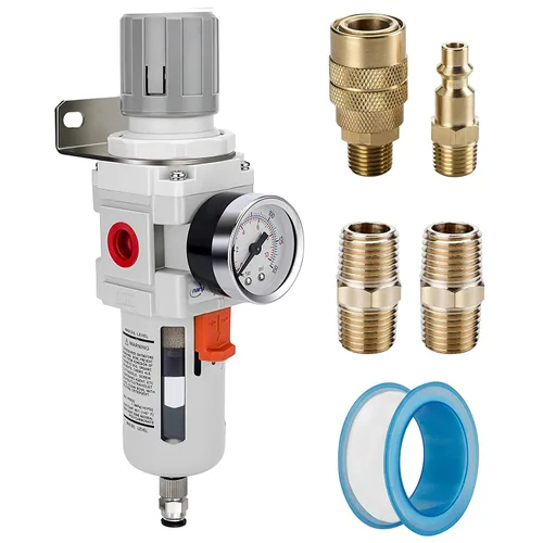 NANPU Filtro Regulador de Aire Comprimido NPT de 3/8" Combo Piggyback, Drenaje Semi-Automático, Elemento de Latón de 5 Micrones, Tazón de Polímero,