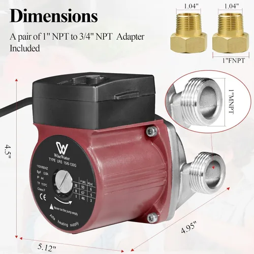 Miniatura 5 de WiseWater Bomba de recirculación de agua caliente de acero inoxidable 304, 3 velocidades con adaptadores NPT de 3/4 pulgadas, cabezal de 20 pies