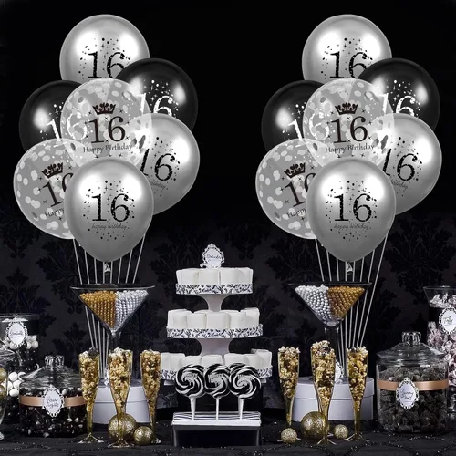 Miniatura 7 de Globos de 16 cumpleaños para decoración de niños, 15 unidades, color negro y plateado, para fiesta de feliz cumpleaños de 16 años, globos de confeti