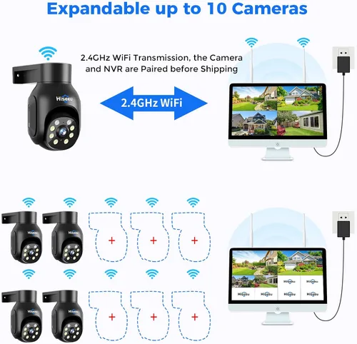 Miniatura 8 de Hiseeu Sistema de cámara de seguridad inalámbrico, todo en uno con monitor LCD de 15 pulgadas, NVR de 10 canales, 4 unidades de cámara PTZ de 5 MP