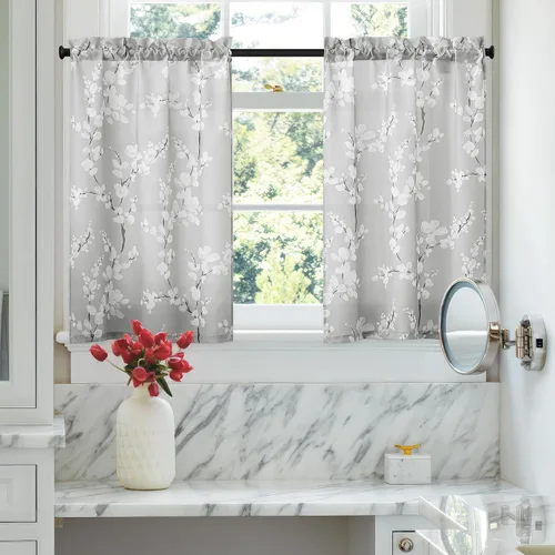 Miniatura 26 de FMFUNCTEX Cortinas de Nivel de Cocina Verde y Blanco de 24 Pulgadas de Largo con Estampado de Flores, Cortinas de Media Ventana para Baño