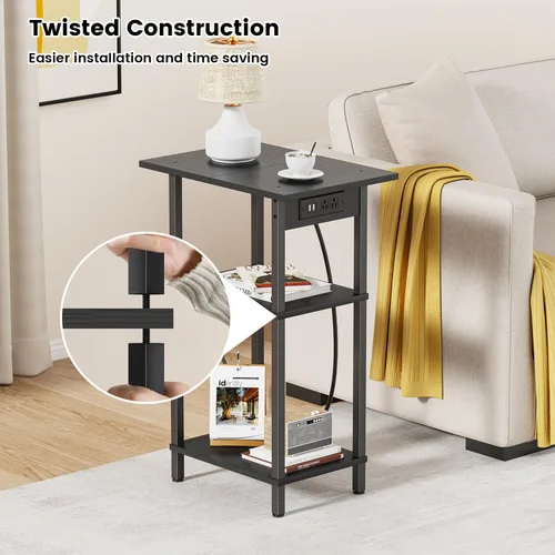 Miniatura 5 de Asgolion - Mesa auxiliar alta con estación de carga, mesita de noche delgada con puertos USB y tomas de corriente, mesa lateral estrecha de 3 Negro
