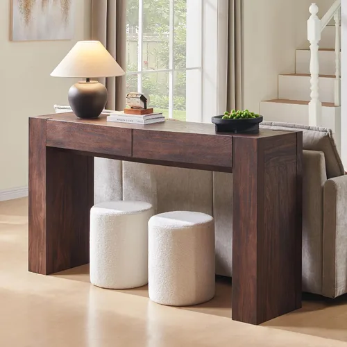 Miniatura 6 de OKD Moderna mesa consola de entrada, mesa de sofá con cajones, mesa de pasillo de 63 pulgadas de largo detrás del sofá, diseño de madera gruesa