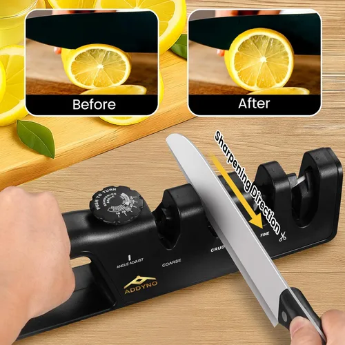 Miniatura 4 de Afilador de cuchillos 4 en 1 con guía de ángulo, borde ajustable, 3 etapas gruesas, afilar, fino + ranura para tijeras, base antideslizante y mango