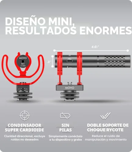 Miniatura 2 de Movo X1-Mini - Micrófono de video tipo escopeta para cámara - Micrófono de cámara analógico/digital de 3.5mm/USB-C supercardioide para DSLR, iPhone
