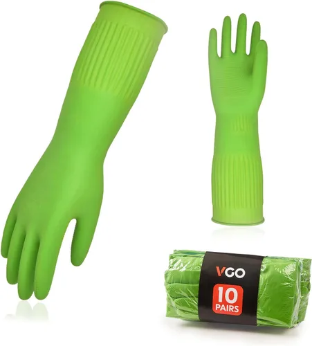 Miniatura 9 de Vgo - 1 par de guantes para lavar platos, guantes reutilizables para el hogar, guantes de cocina, manga larga, látex grueso, limpieza, lavado